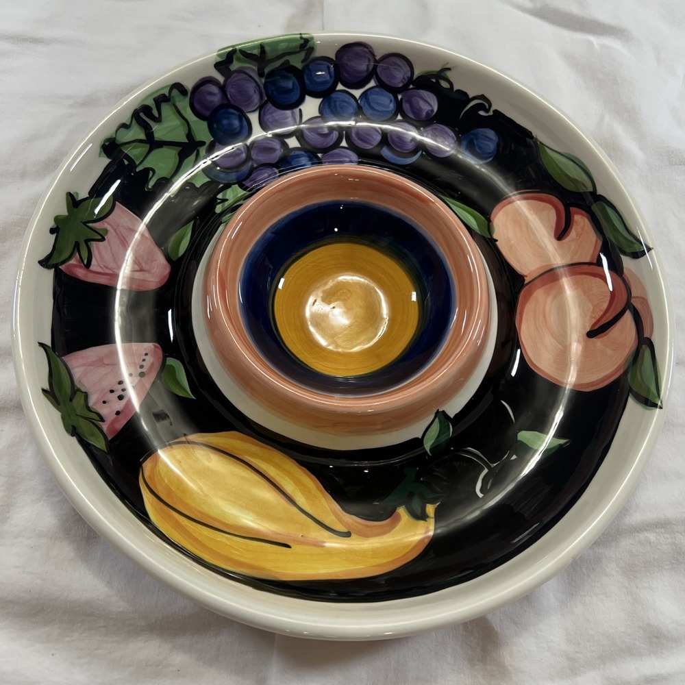 Vicki Carroll Hand Painted‎ Fruit Chip & Dip Platter 12" Signed Ceramic USA
